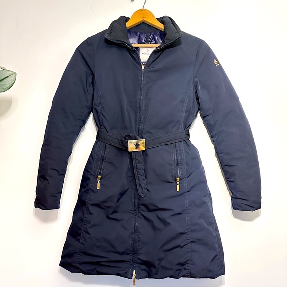 Moncler Navy Blue Down Mid Length Down Buckle Belted Jacket Size 2 Medium - Picture 1 of 15
